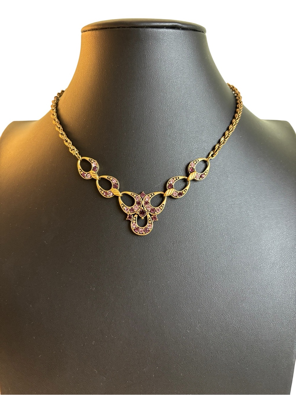 Vintage Antique Gold Tone Amethyst Colored Crystal Bib Necklace.